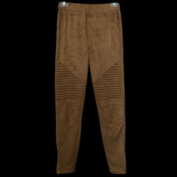 Umgee Women's Brown Faux Suede Moto Leggings with Ankle Zips | Elastic Waist - Picture 1 of 11